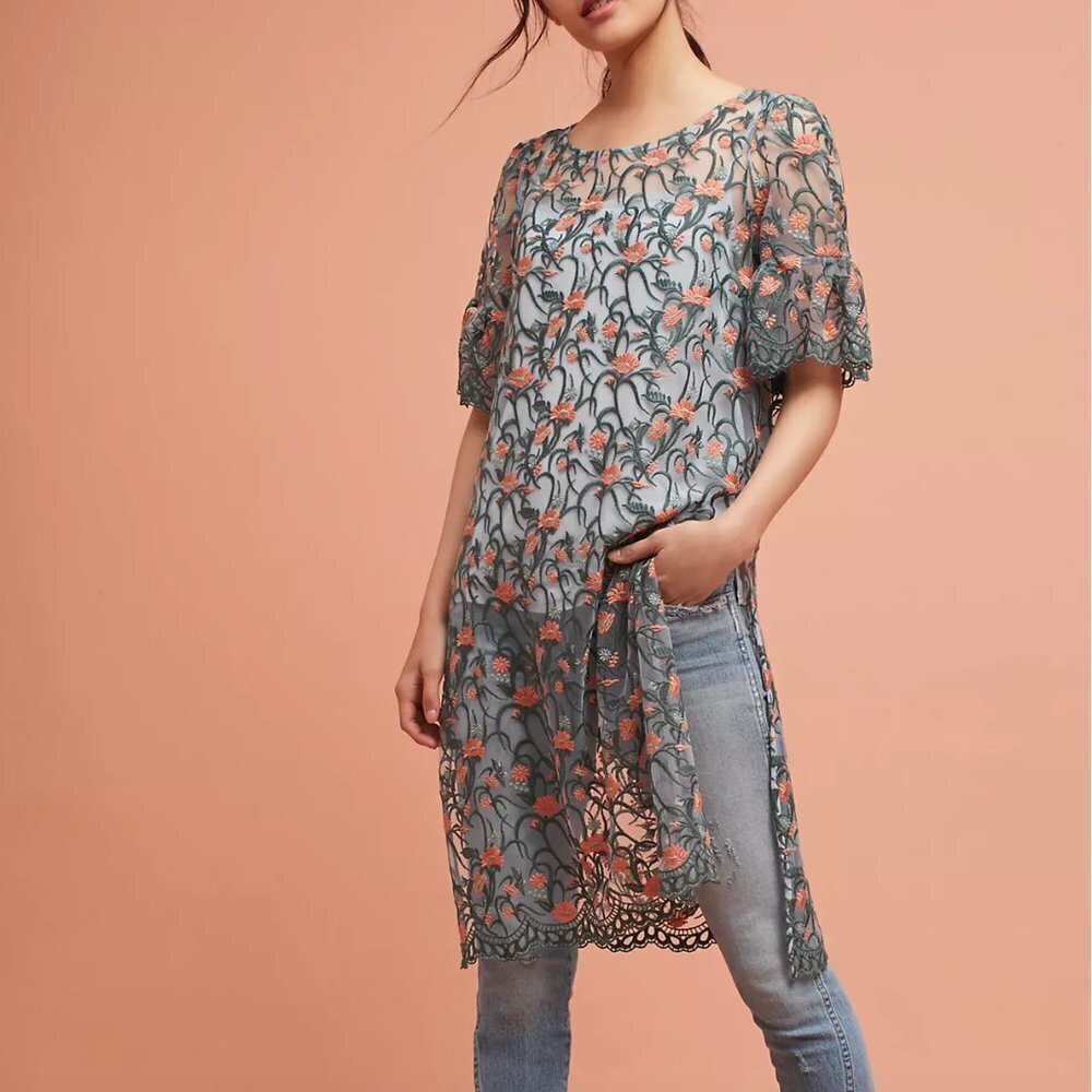 Anthropologie Moulinette Soeurs Floral Embroidered Mesh Tunic